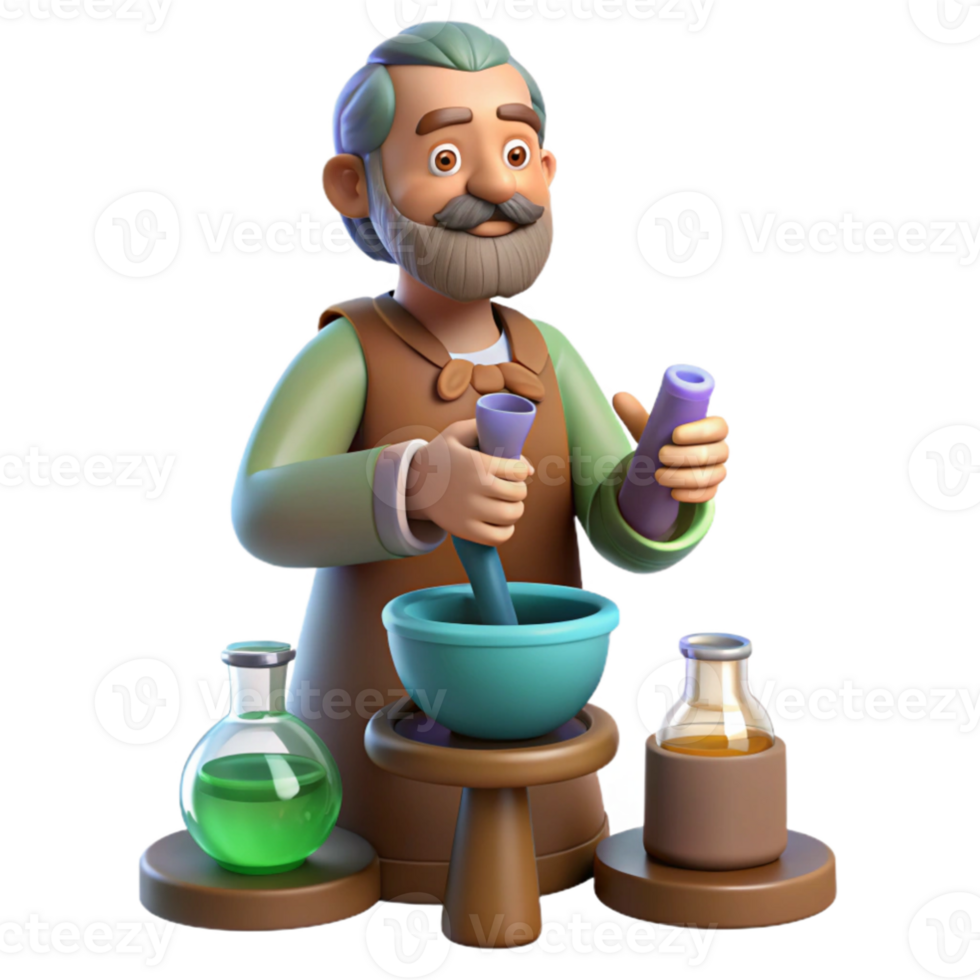 beautiful artistic 3D Cartoon Alchemist with Mortar and Pestle high resolution png