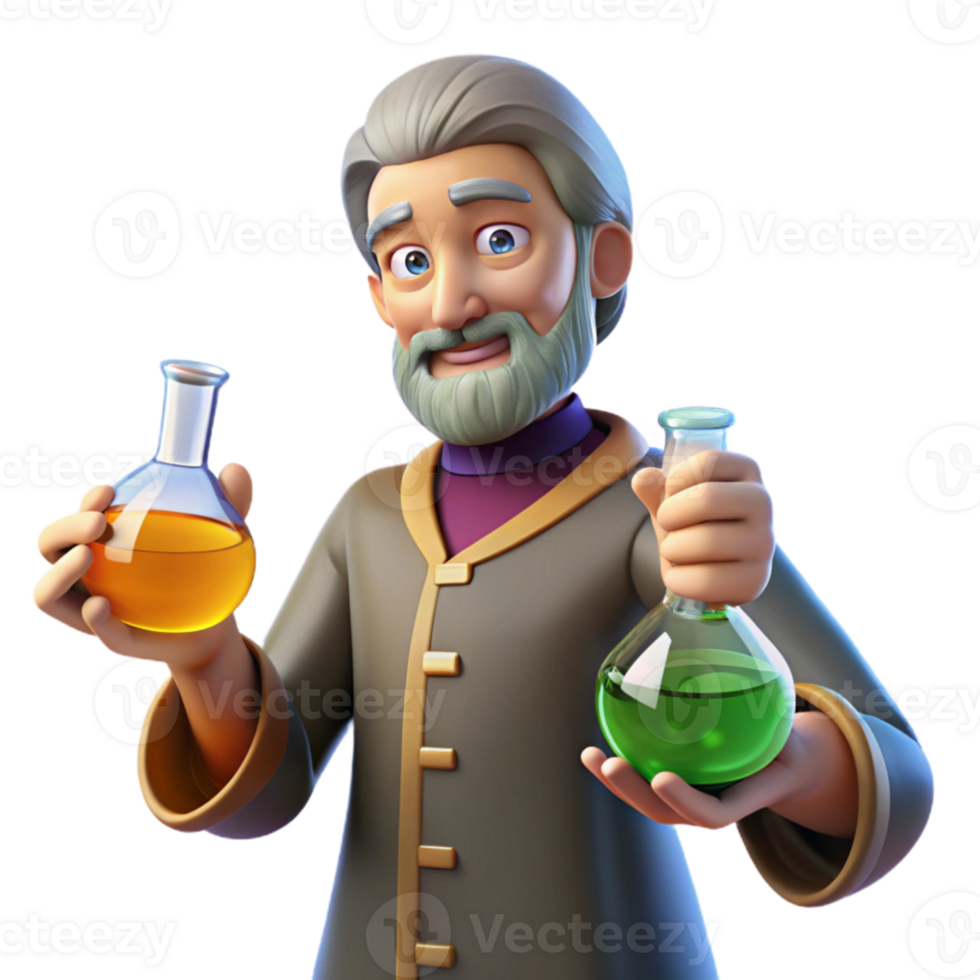 beautiful classic 3D Cartoon Scientist with Flasks professional png