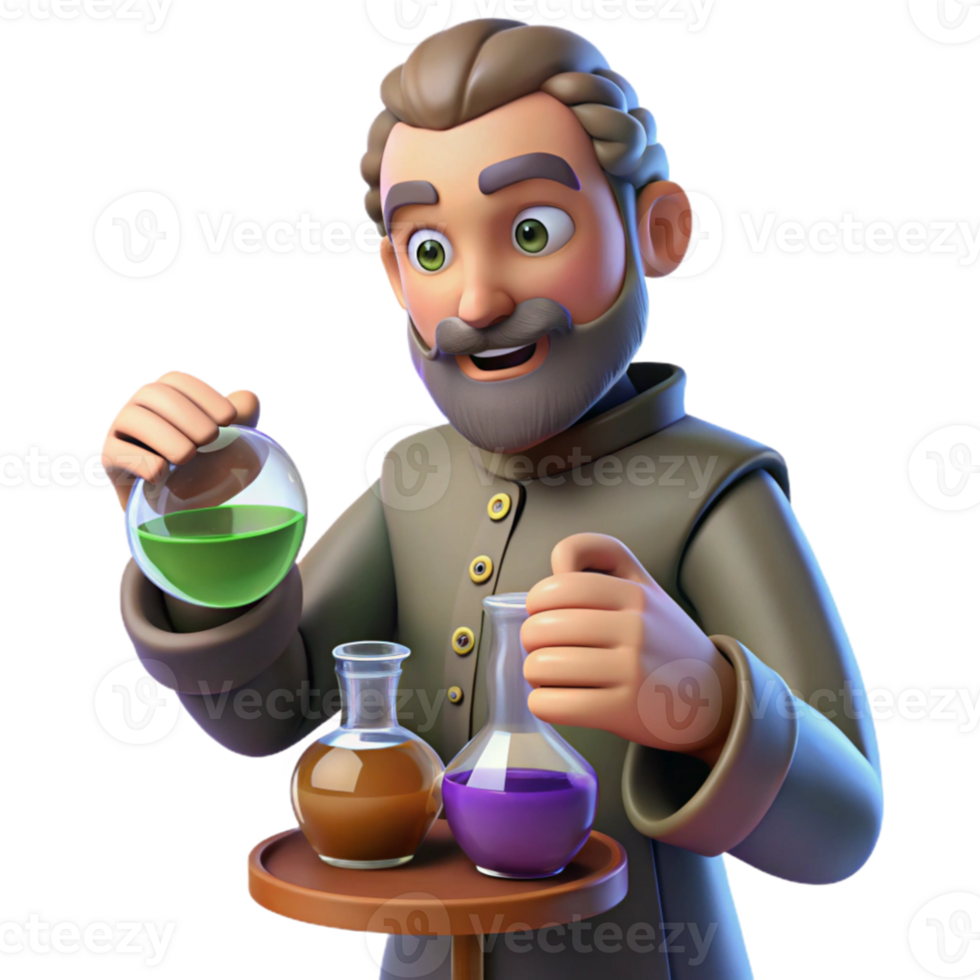 serene contemporary 3D Cartoon Scientist with Potions detailed png