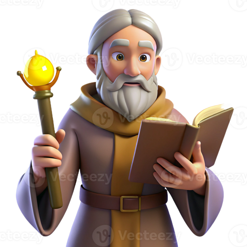 vibrant creative 3D Render Wise Old Wizard Reading Book genuine png