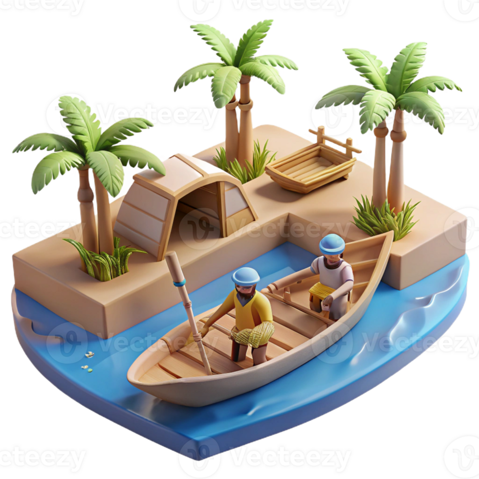 vibrant contemporary Tropical Island 3D Render Fishermen Rowing premium png