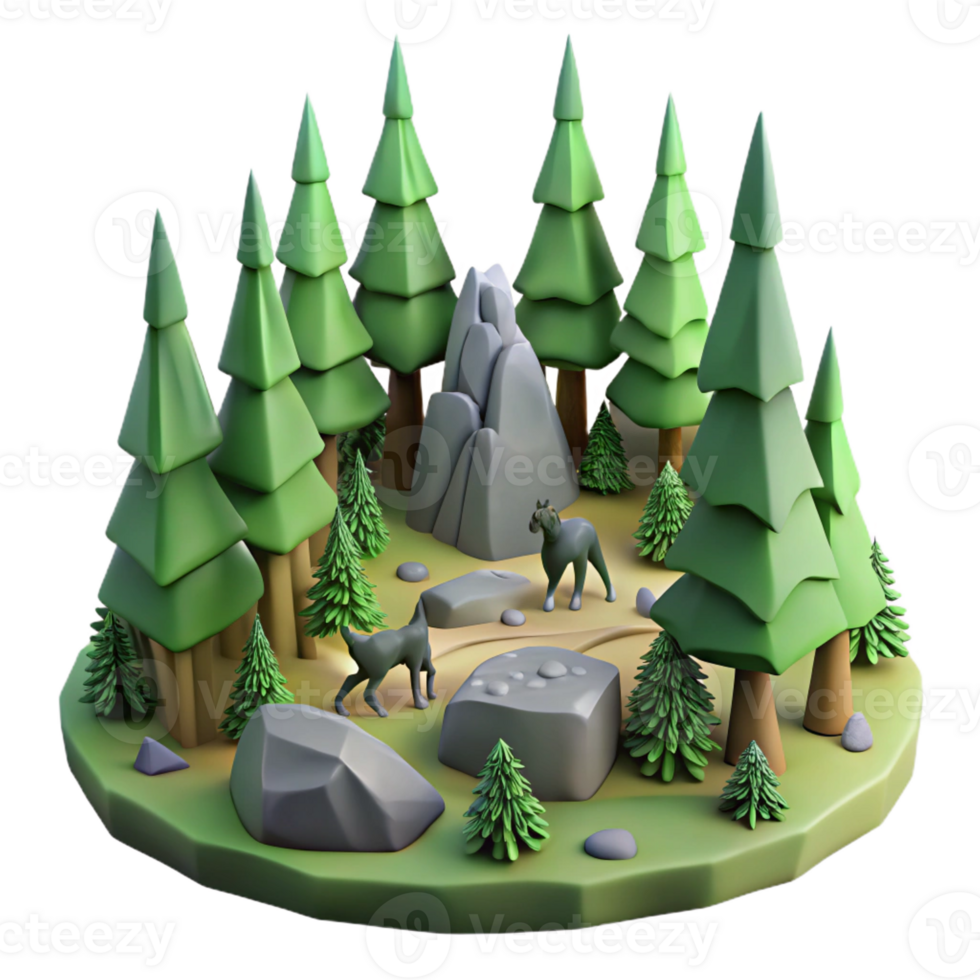 magnificent classic 3D Low Poly Forest Scene with Animals high quality png