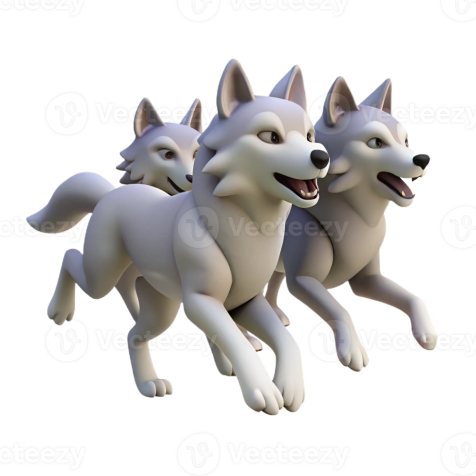 magnificent minimalist Three Cartoon Wolves Running 3D Render high resolution png