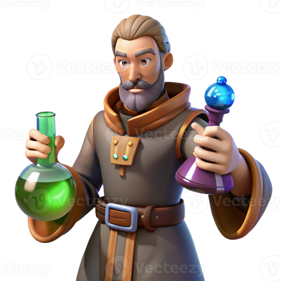 beautiful rustic 3D Alchemist Cartoon Character Illustration professional png