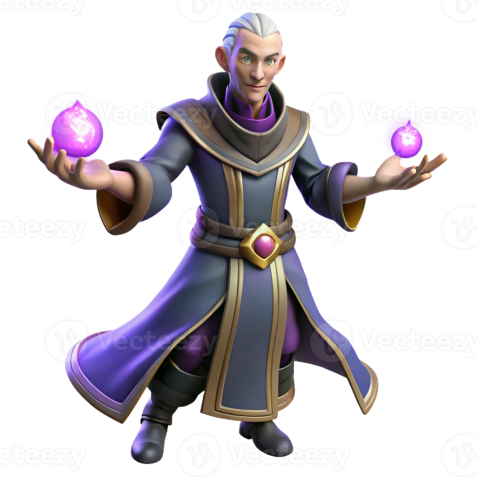 serene contemporary Wizard 3D Render, Magic, Fantasy, Purple Robe, Game Asset professional png
