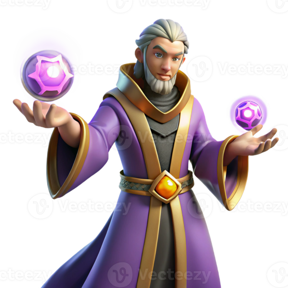 elegant creative Wizard 3D Render, Fantasy Mage with Magic Orb high quality png