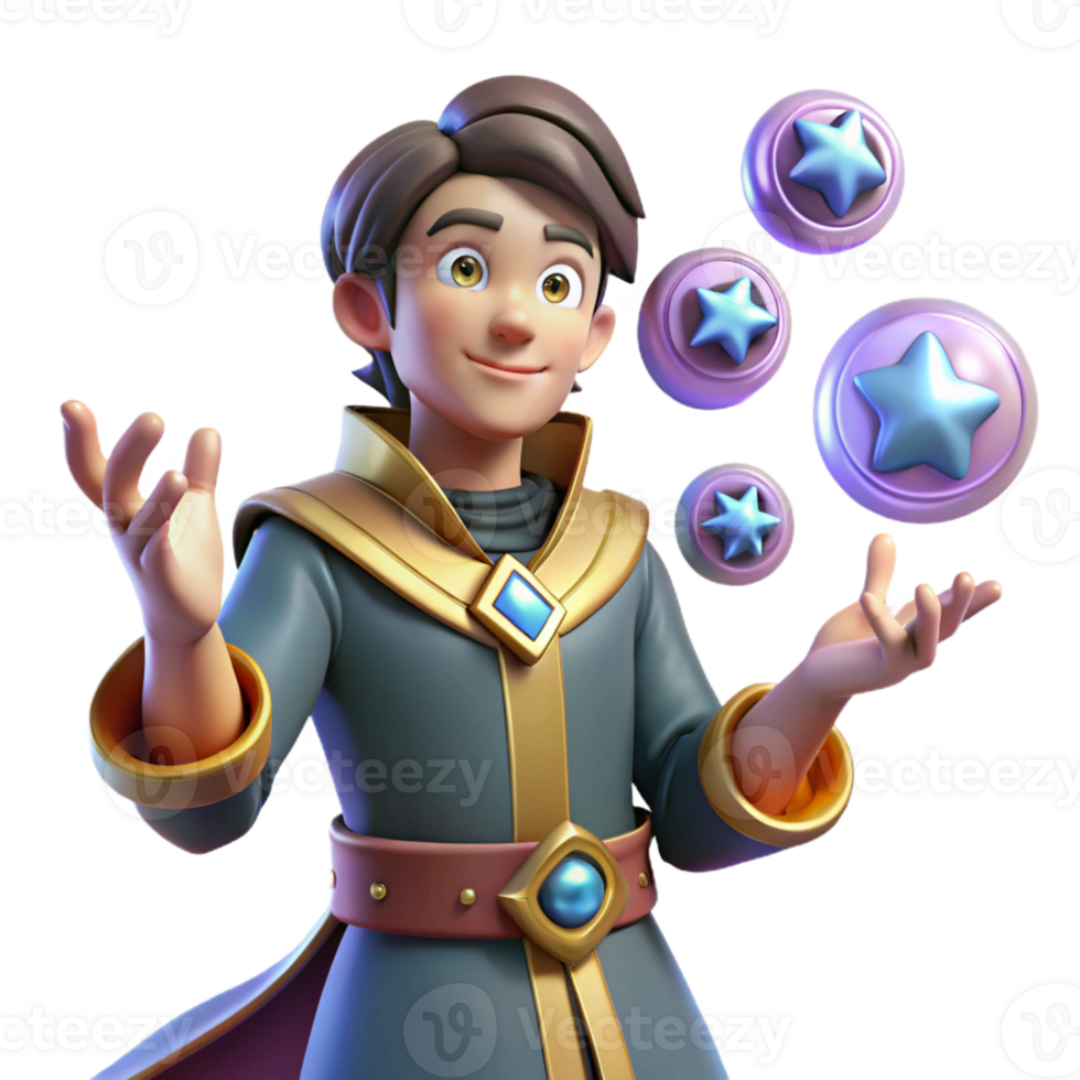 dramatic rustic 3D Cartoon Wizard with Magic Stars high quality png