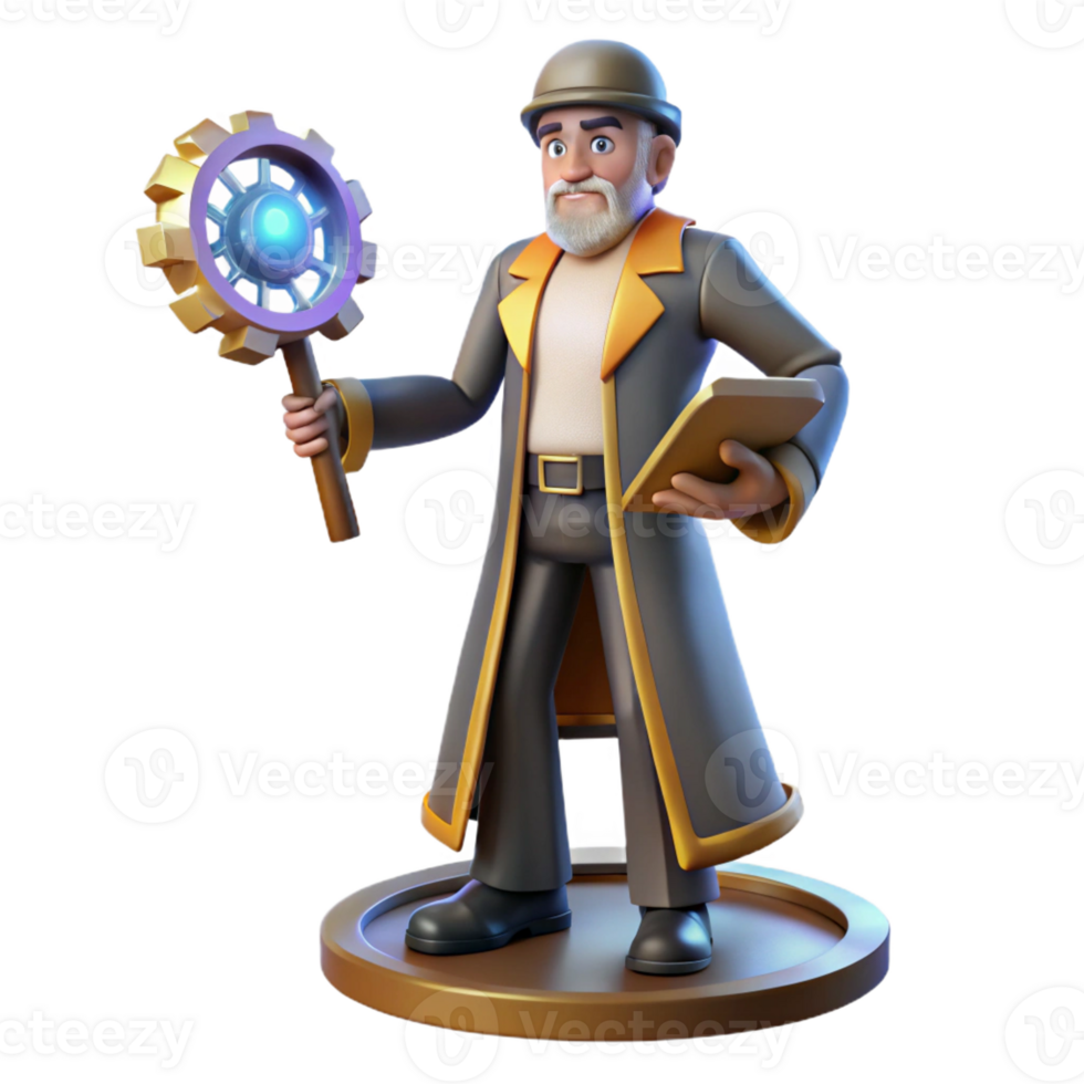 stunning vintage 3D Render Wizard with Gear Staff genuine png