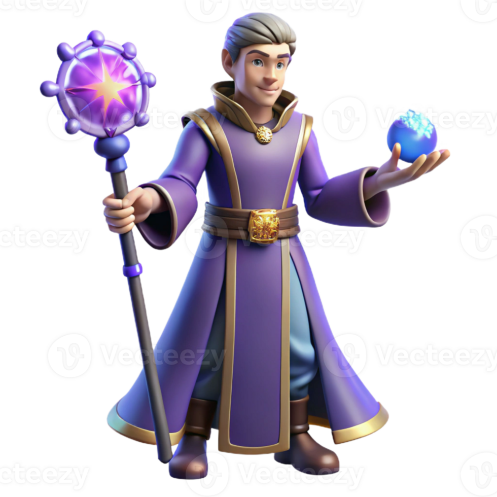 extraordinary classic 3D Render Wizard with Staff and Orb detailed png