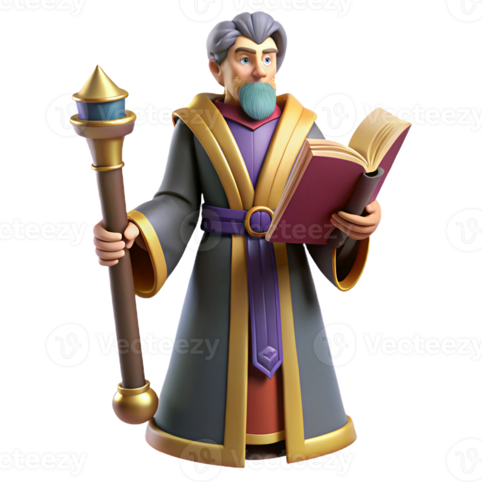 magnificent creative 3D Cartoon Wizard with Staff and Book high quality png