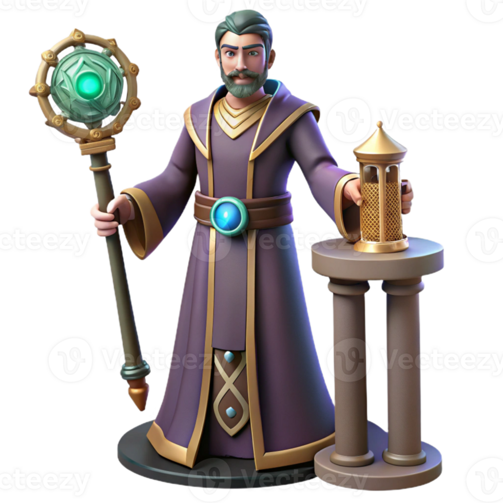 beautiful artistic 3D Render Wizard Sage with Staff and Hourglass authentic png