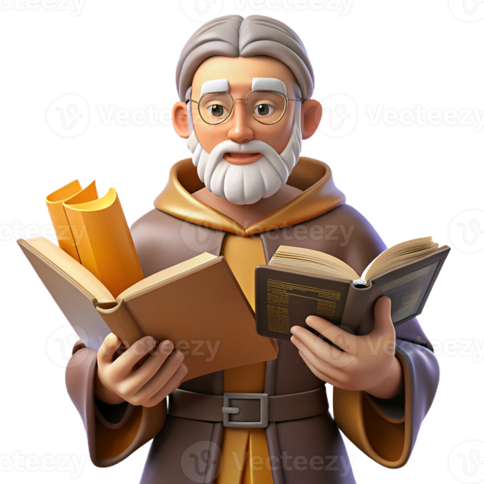 stunning classic 3D Illustration Wise Old Monk Reading Books high quality png