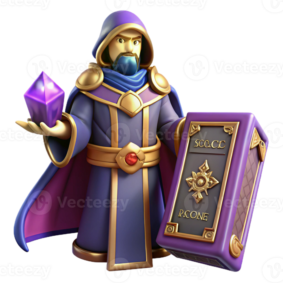 dramatic artistic Wizard 3D Render, Fantasy Mage with Gem and Book high quality png