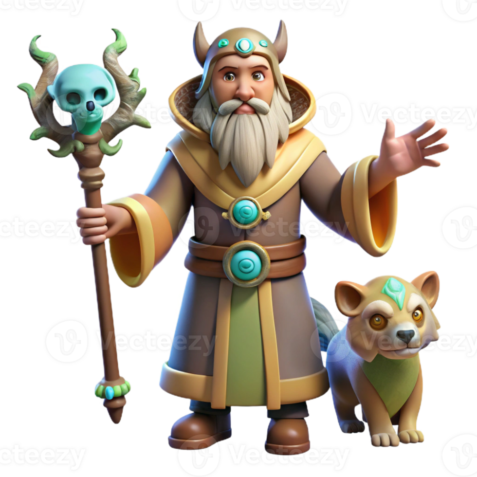 serene rustic Wizard and Companion 3D Render high quality png