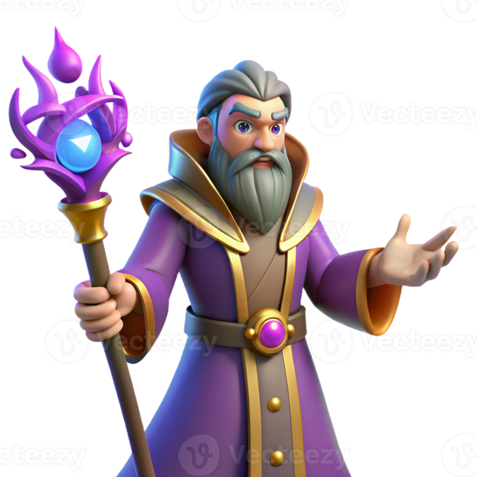 impressive modern Wizard 3D Render, Fantasy Elder, Magical Staff authentic png