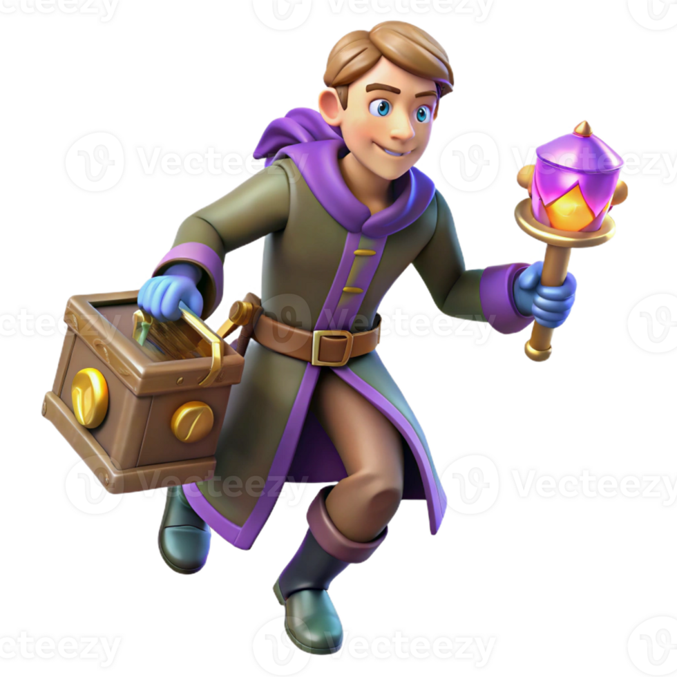 serene rustic 3D Render Young Mage Running with Chest and Scepter high quality png