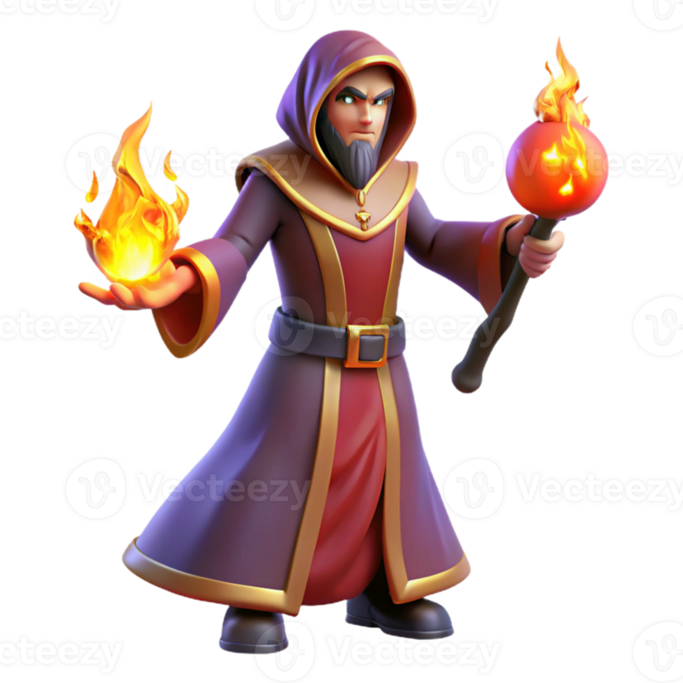 elegant traditional 3D Render Wizard with Fire Magic 4K png