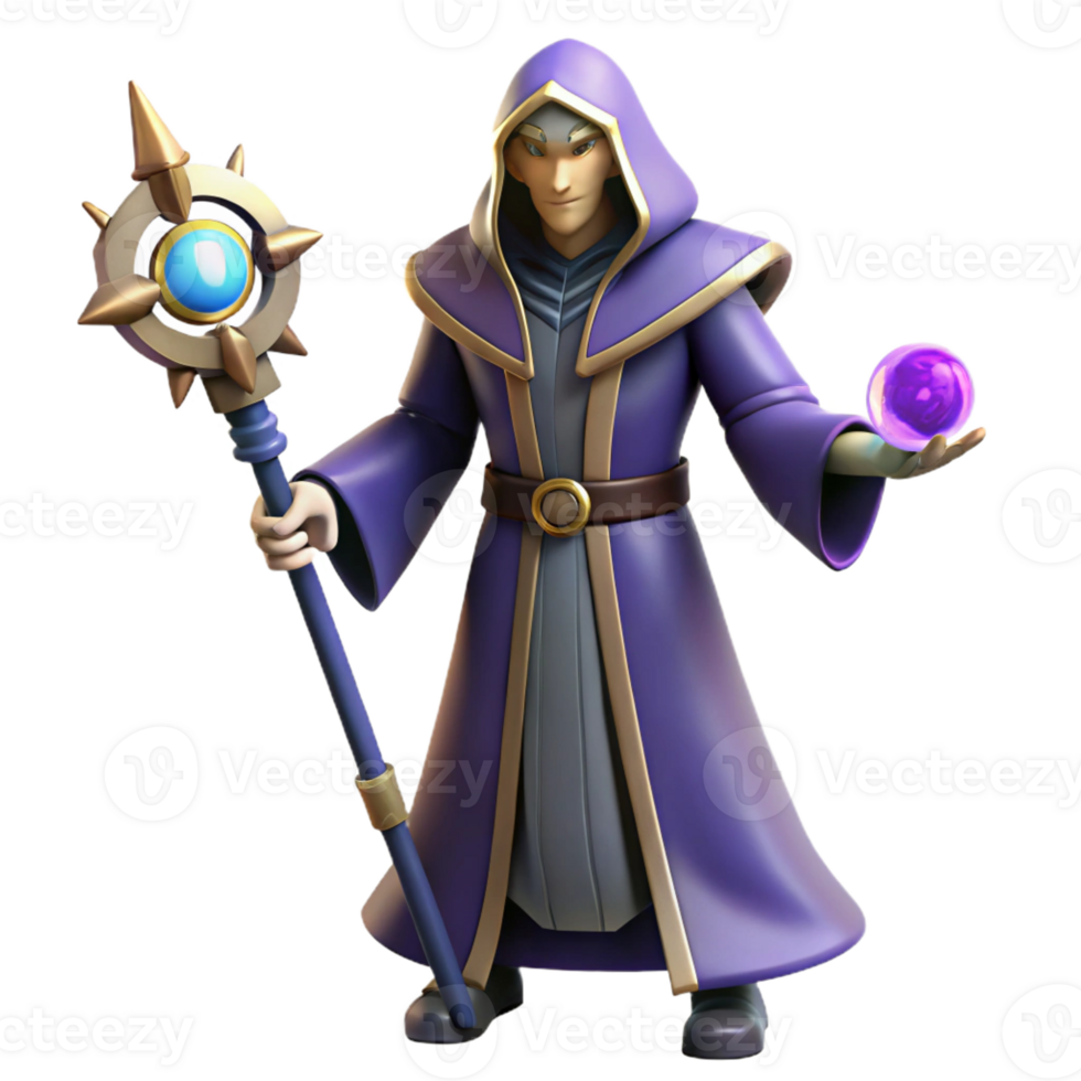 impressive classic Wizard 3D Render Purple Robe Staff Magic exclusive png