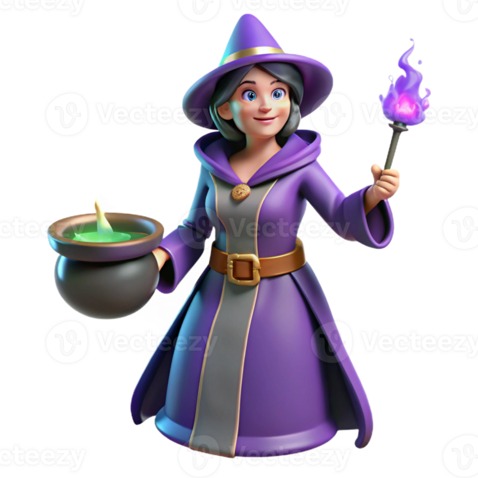 wonderful contemporary 3D Cartoon Witch with Potion and Flame detailed png