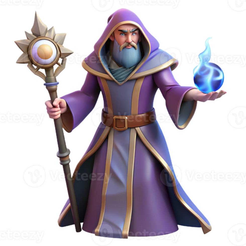 impressive creative Wizard 3D Render, Magical Staff and Orb exclusive png