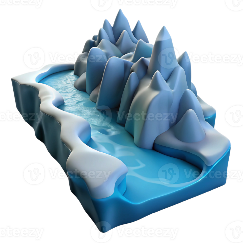 impressive vintage Stylized 3D Mountain Range and River Illustration 4K png