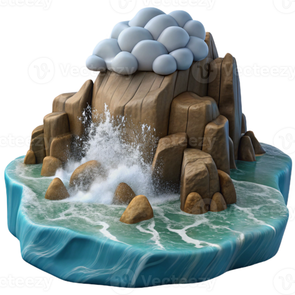 dramatic contemporary Cartoonish 3D Rock Island Wave Illustration detailed png