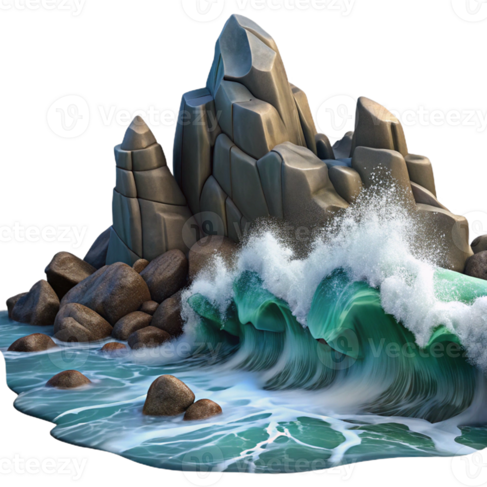 wonderful rustic Stylized 3D Ocean Wave Crashing on Rocks Illustration authentic png
