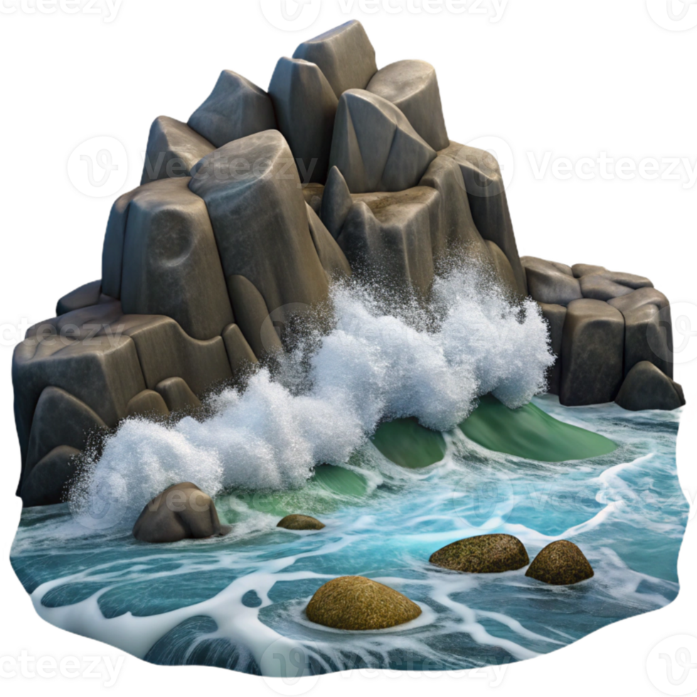 impressive rustic Stylized 3D Ocean Waves Crashing Rocks 4K png