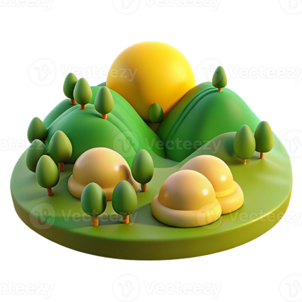 elegant classic 3D Cartoon Landscape Illustration Sunlit Hills and Trees exclusive png
