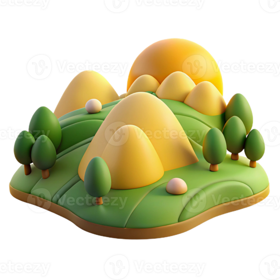 dramatic minimalist 3D Cartoon Landscape Illustration Sunset Hills and Green Valley original png