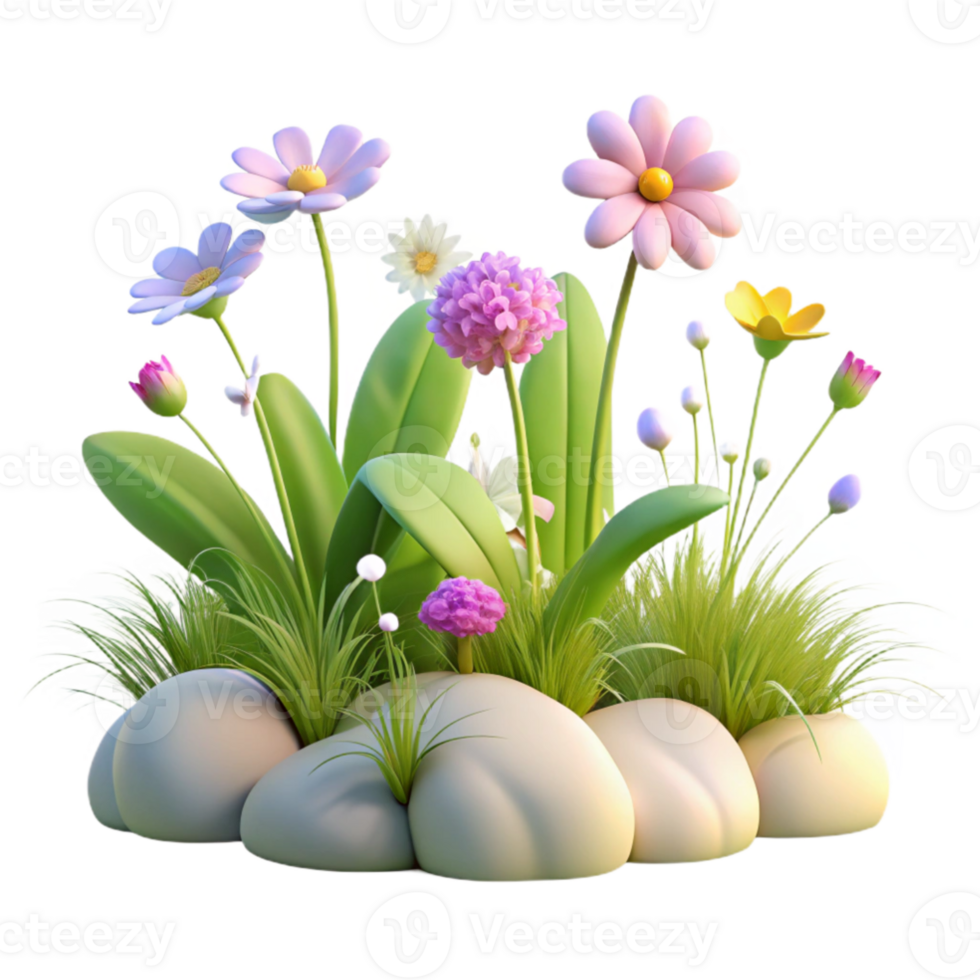 vibrant modern 3D Cartoon Flower Garden Illustration high quality png