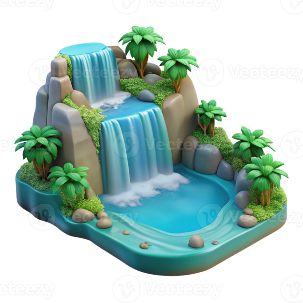 vibrant traditional 3D Waterfall Island Paradise detailed png