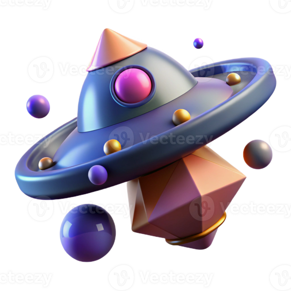 vibrant rustic 3D Render UFO Spaceship and Geometric Crystal genuine png