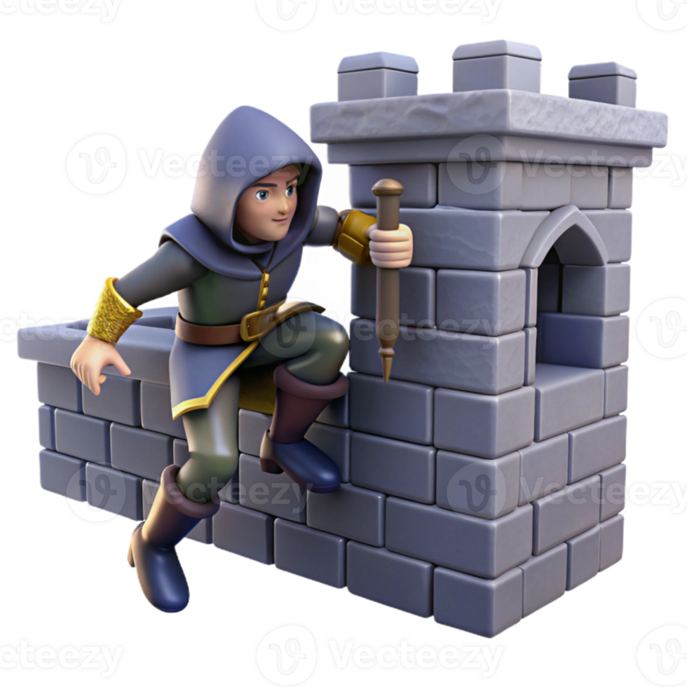 extraordinary artistic 3D Render Cartoon Knight Scaling Castle Wall genuine png