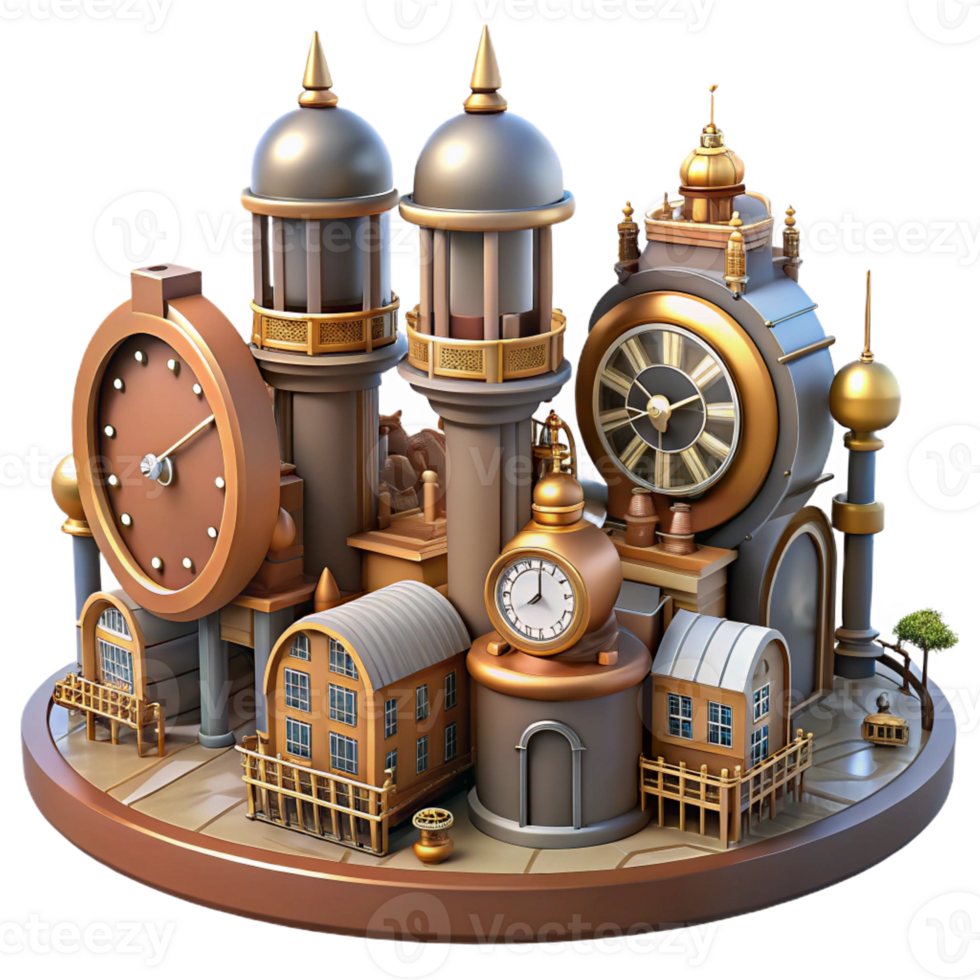 elegant abstract Whimsical Clockwork City 3D Illustration genuine png