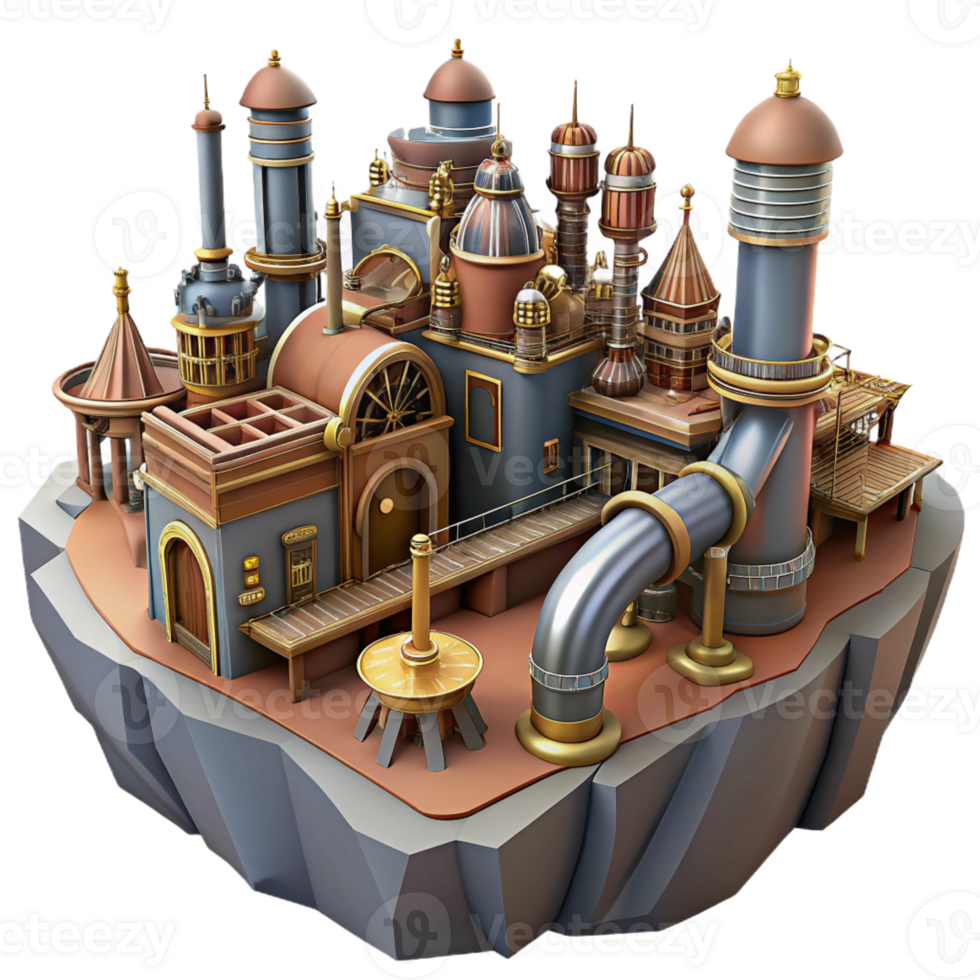 impressive vintage Steampunk Fantasy Island 3D Render high resolution png