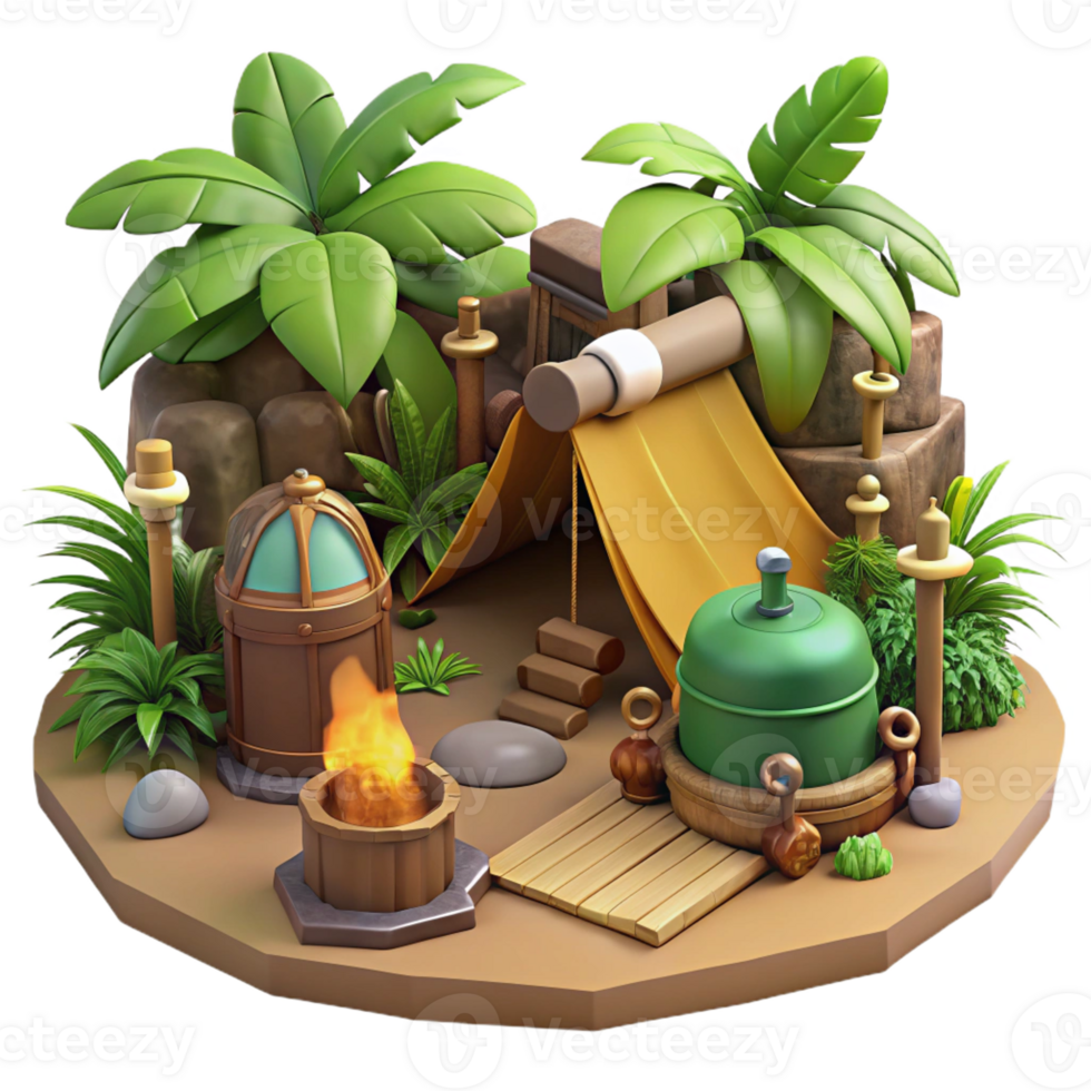 extraordinary rustic Jungle Camp 3D Illustration authentic png