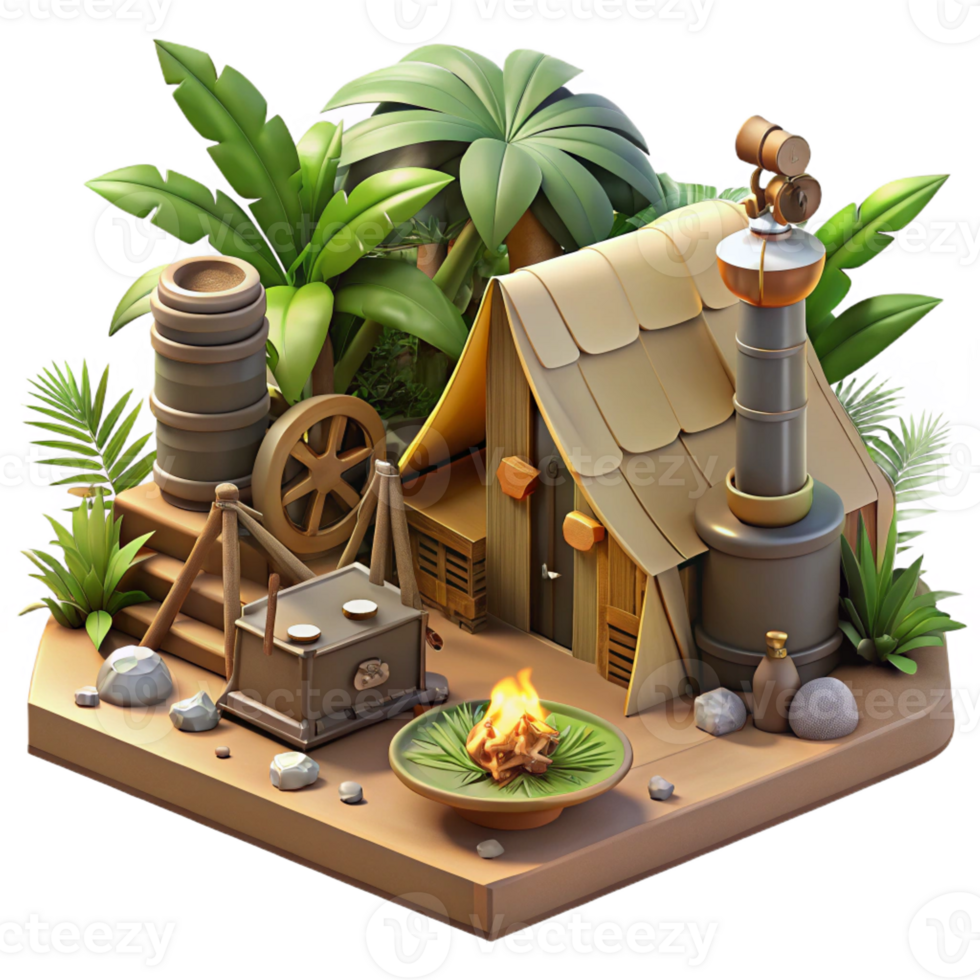 stunning rustic Tropical Hut 3D Illustration Island Getaway Scene high quality png