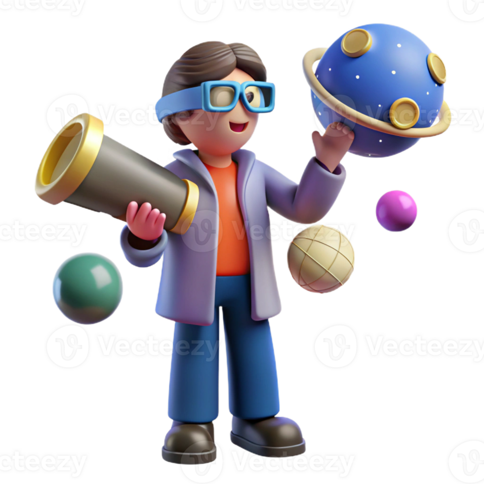 impressive artistic 3D Cartoon Scientist Exploring Planets original png