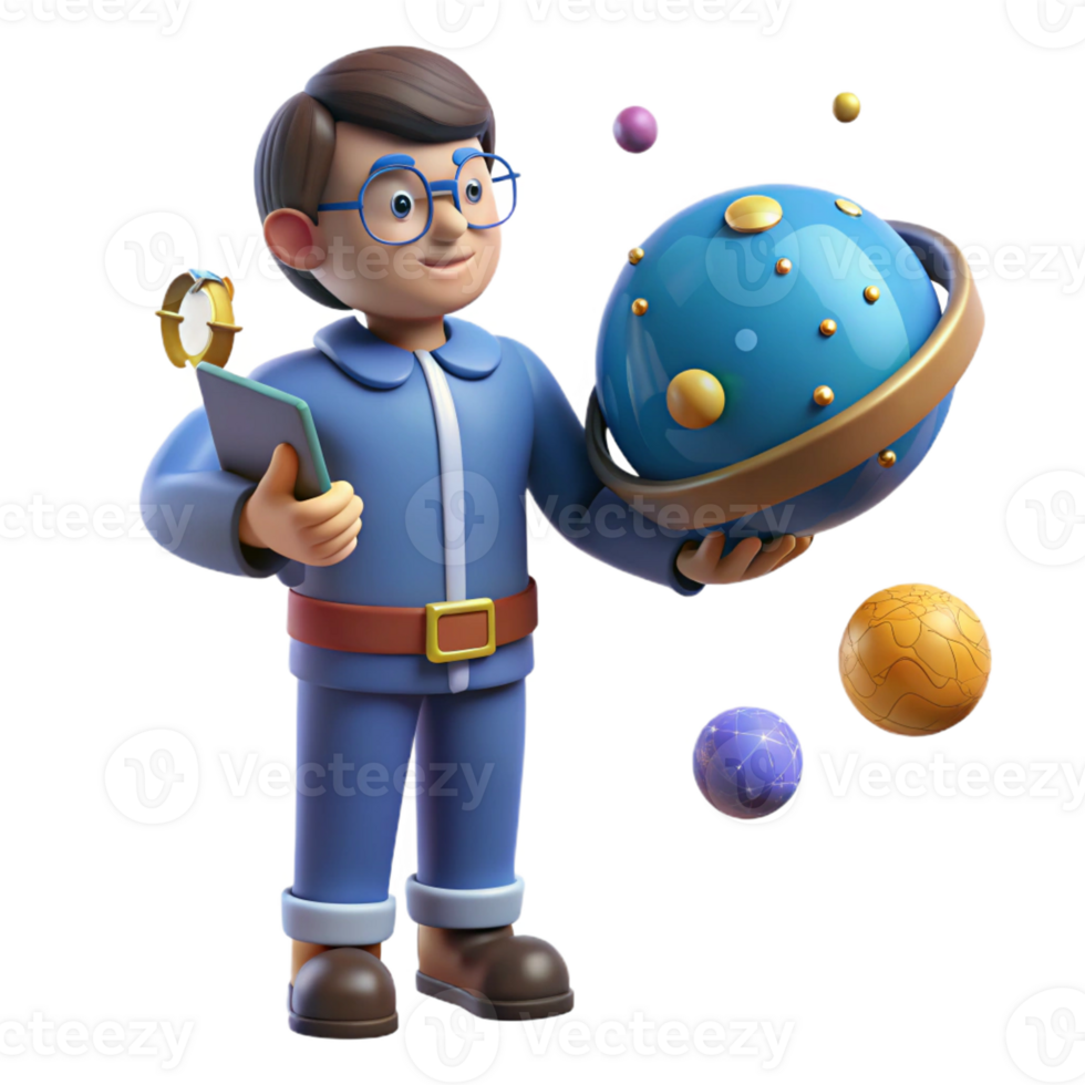 impressive rustic 3D Cartoon Boy Exploring Planets 4K png
