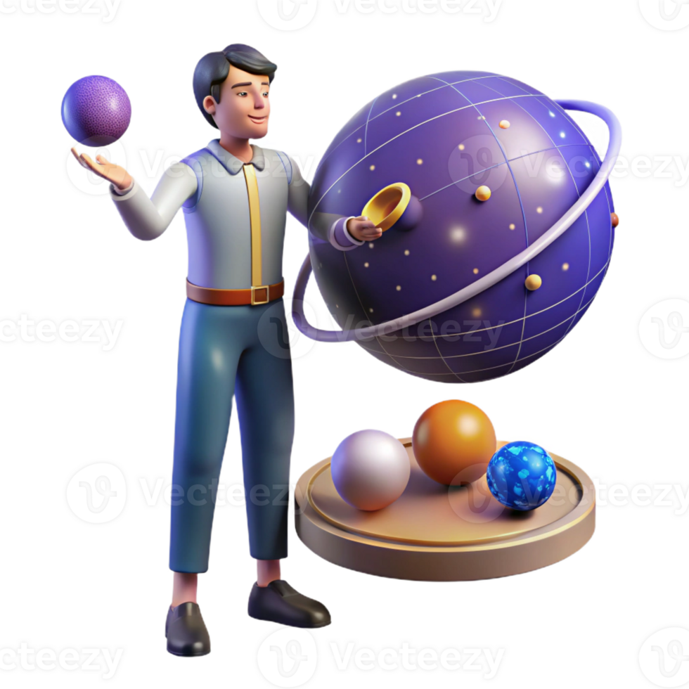 impressive minimalist 3D Illustration Man Exploring Planets high resolution png