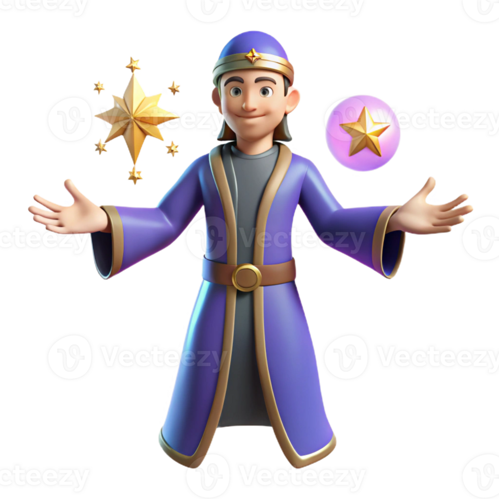 magnificent rustic 3D Cartoon Wizard with Stars detailed png
