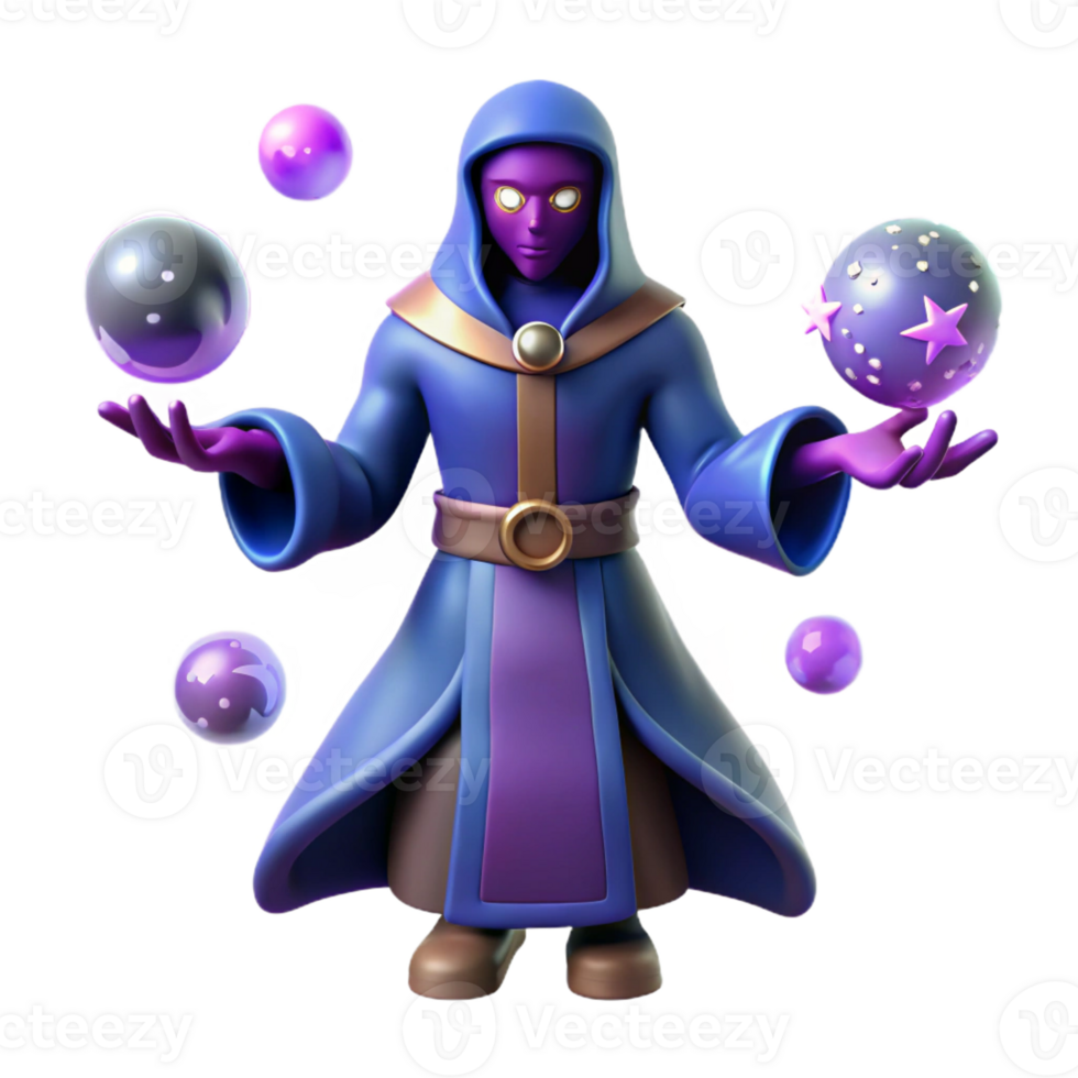 stunning creative 3D Render Purple Wizard with Magic Spheres high resolution png