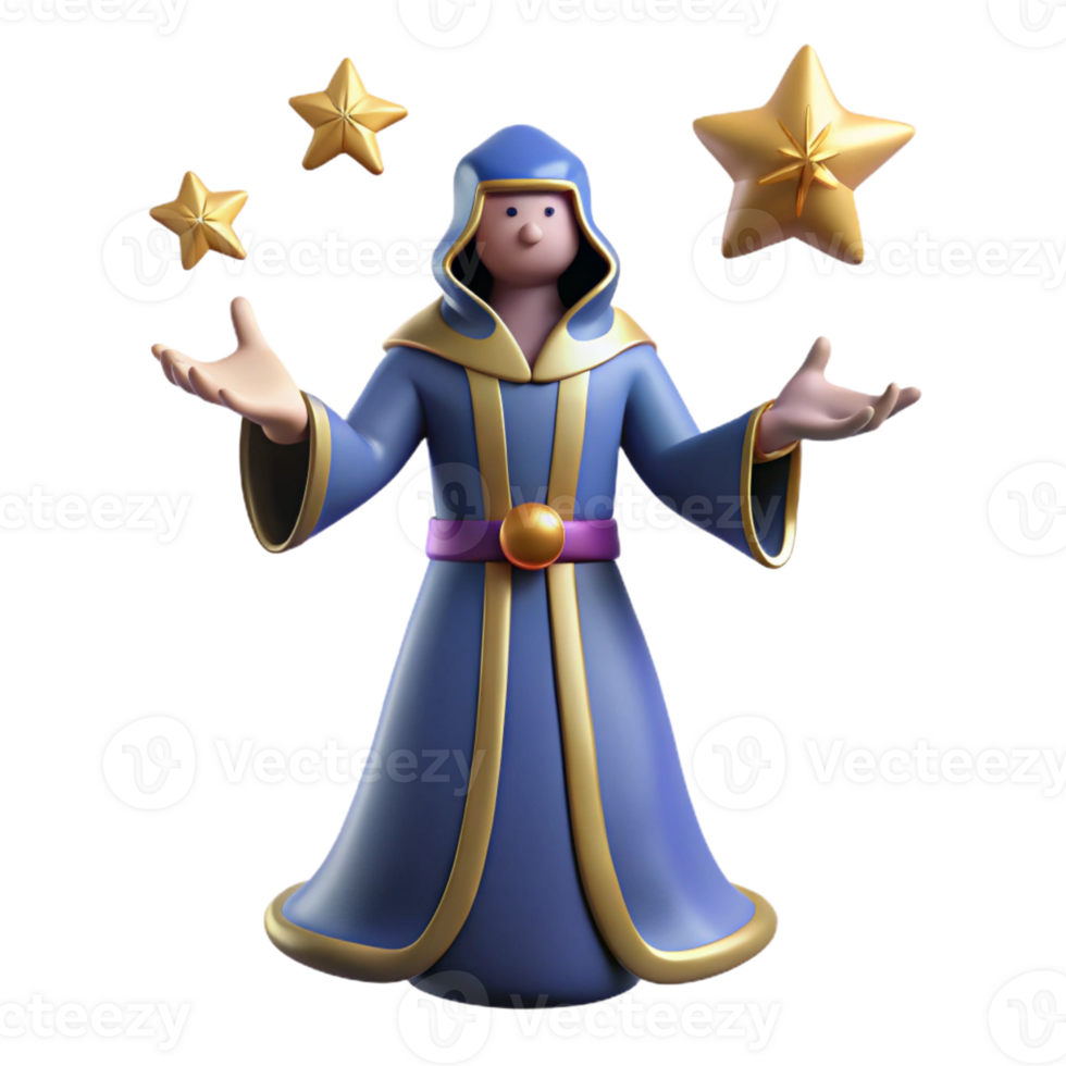 serene rustic 3D Cartoon Wizard with Stars professional png