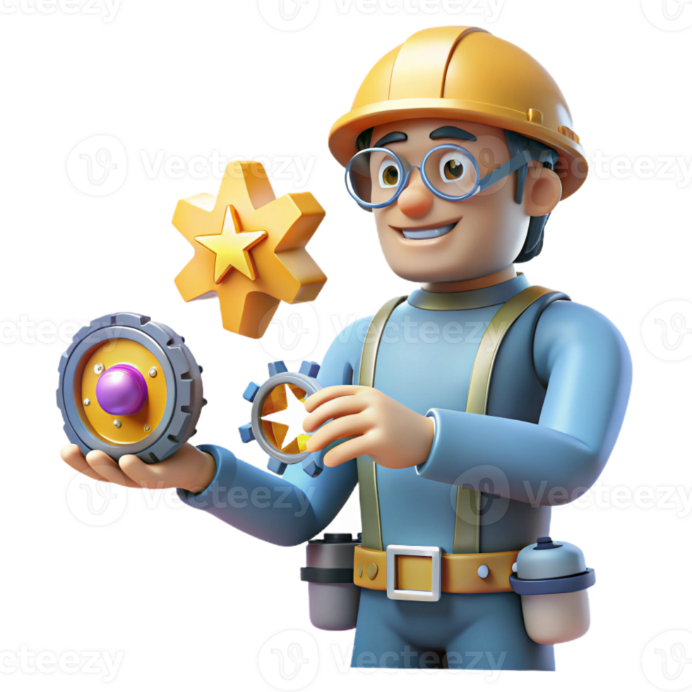 serene rustic 3D Cartoon Engineer with Gears and Star high resolution png