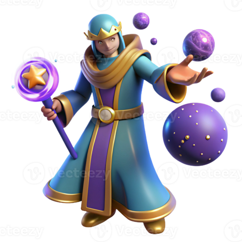 extraordinary minimalist 3D Cartoon Wizard with Magic Staff and Orbs authentic png