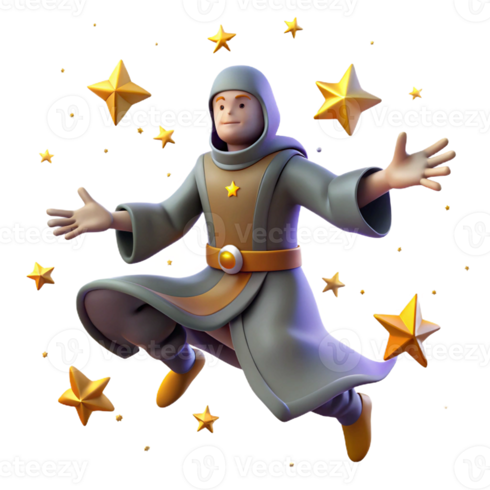 beautiful minimalist 3D Cartoon Wizard Flying Among Stars exclusive png