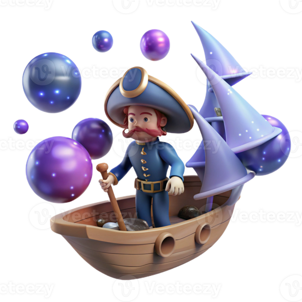 elegant minimalist 3D Cartoon Captain on a Magical Boat high resolution png