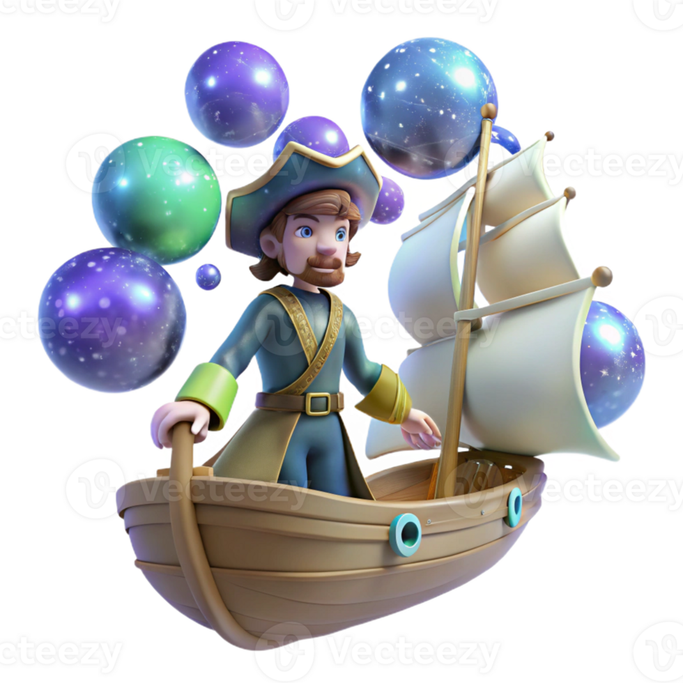 impressive classic 3D Illustration Cartoon Pirate Sailing Ship Cosmic Bubbles detailed png