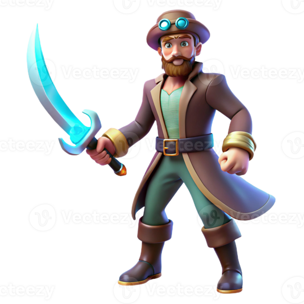 vibrant vintage 3D Cartoon Adventurer with Glowing Sword detailed png